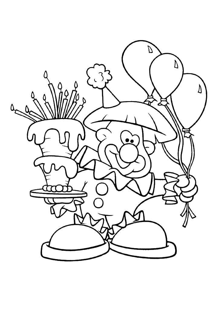 Coloring Clown with cake and balloons. Category clown. Tags:  circus, clown.