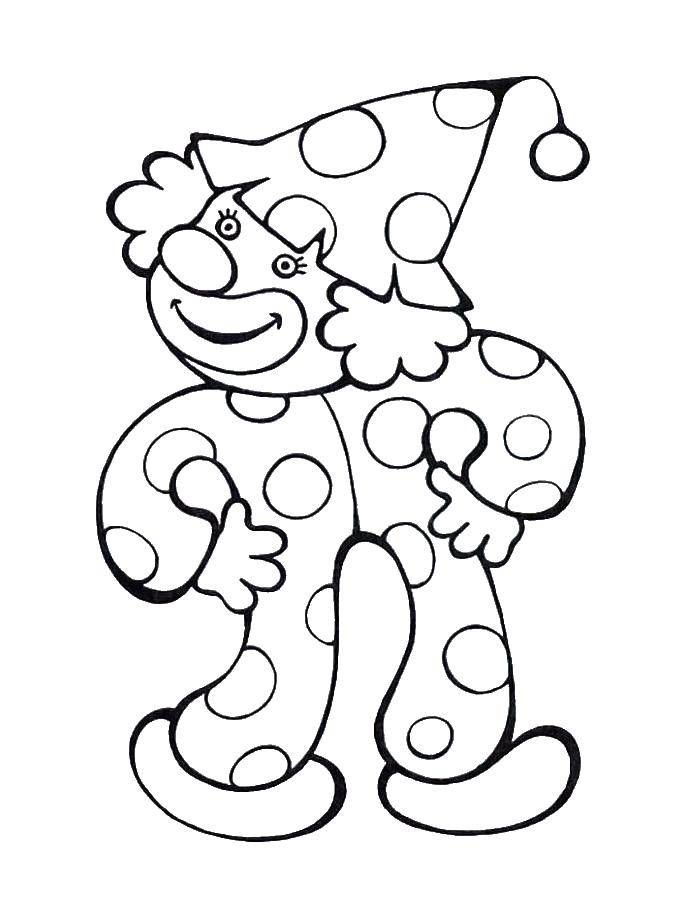 Розмальовки  Клоун в костюмчику в горошок. Завантажити розмальовку Клоун, цирк, радість, веселощі.  Роздрукувати ,клоун,