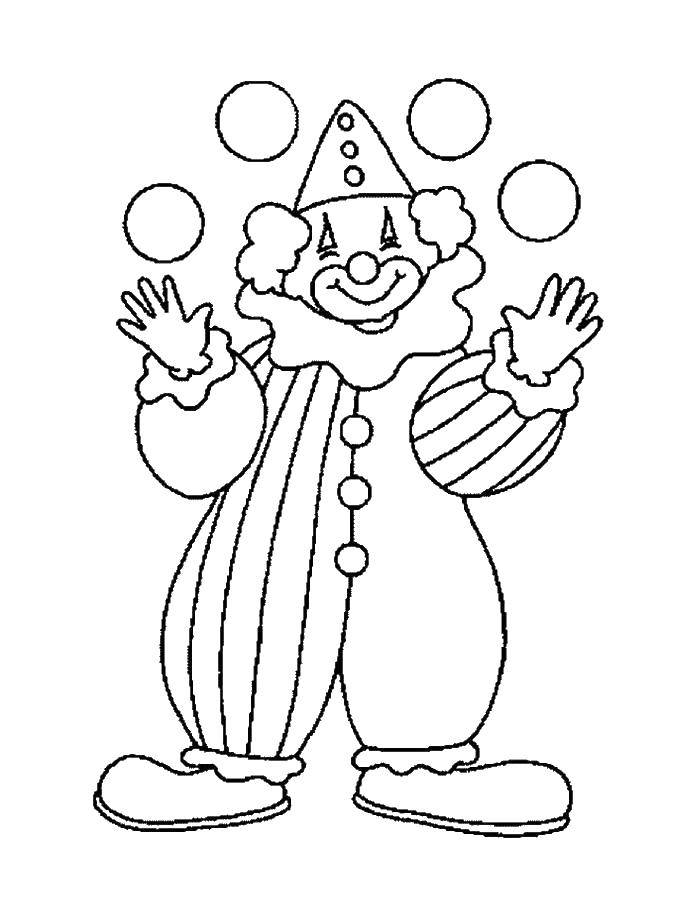 Розмальовки  Кульки у клоуна. Завантажити розмальовку Клоун, цирк, радість, веселощі.  Роздрукувати ,клоун,