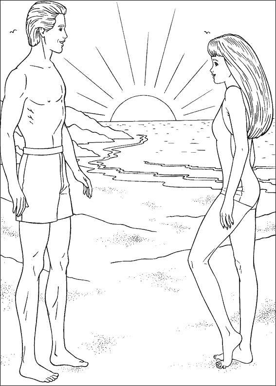 Название: Раскраска Барби с кеном на пляже. Категория: закат солнца. Теги: Барби, кен.