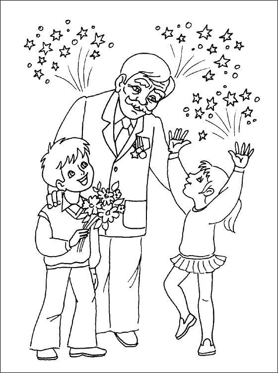 Coloring Grandfather and grandchildren. Category eternal flame. Tags:  Greeting, may 9, Victory Day.