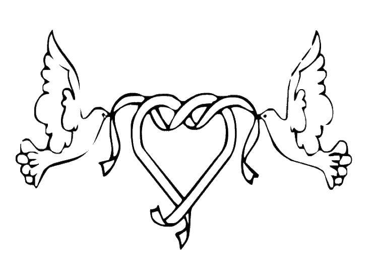 Coloring Pigeons and heart. Category the dove of peace . Tags:  dove, heart, peace.