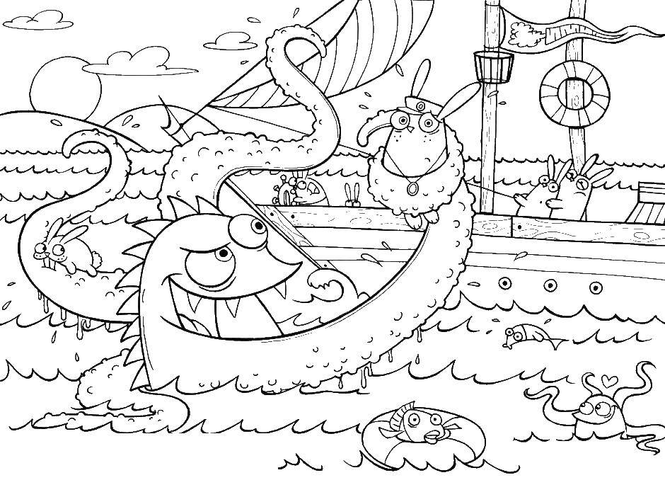 Название: Раскраска Огромный осьминог и корабль. Категория: корабль. Теги: корабль, осьминог, монстр.