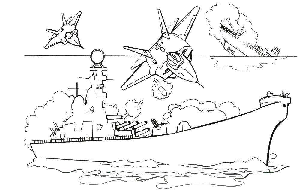 Coloring War, shooting at the ship. Category military. Tags:  war, rockets, shooting, ship. steamer.