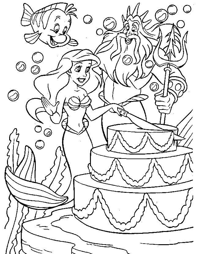 Coloring The little mermaid and cake. Category coloring pages for girls. Tags:  the little mermaid, Ariel, cake.