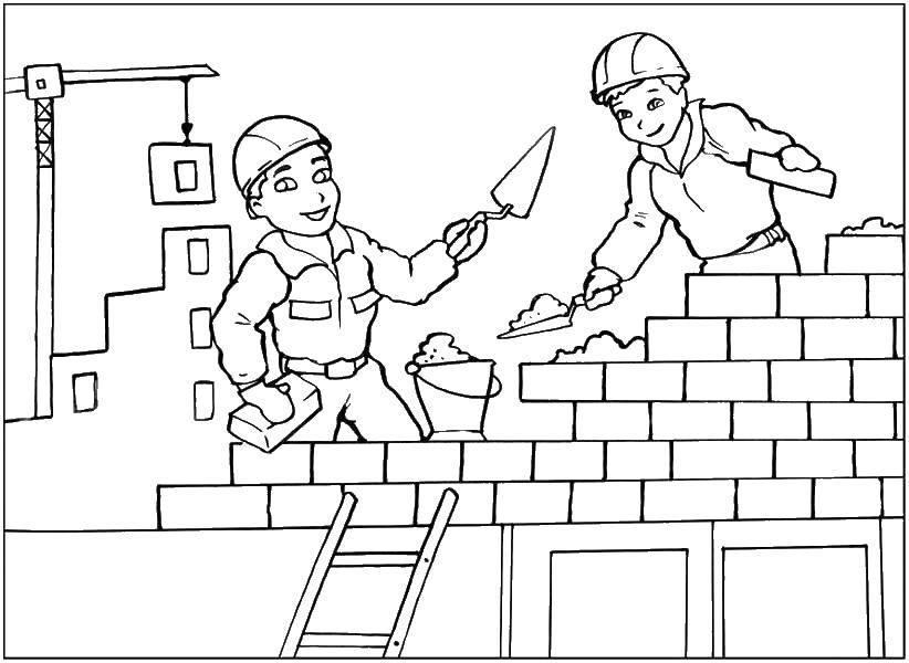 Coloring Builders lay bricks. Category nice. Tags:  Builder, tools, building.