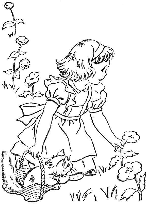 Название: Раскраска Девочка собирает цветы. Категория: раскраски для девочек. Теги: девочка, цветочек.