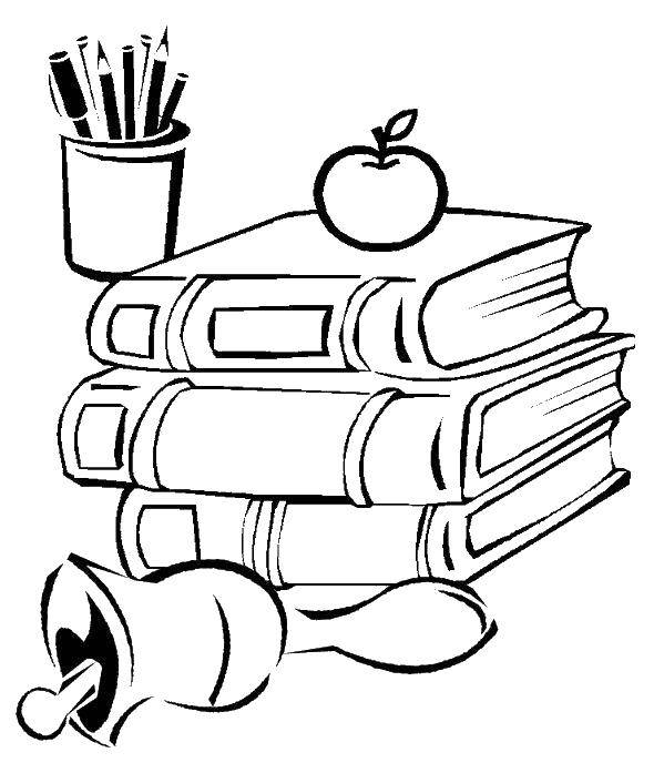 Название: Раскраска Школьные принадлежности чтение. Категория: школьные принадлежности. Теги: книги, колокольчик, карандаши.