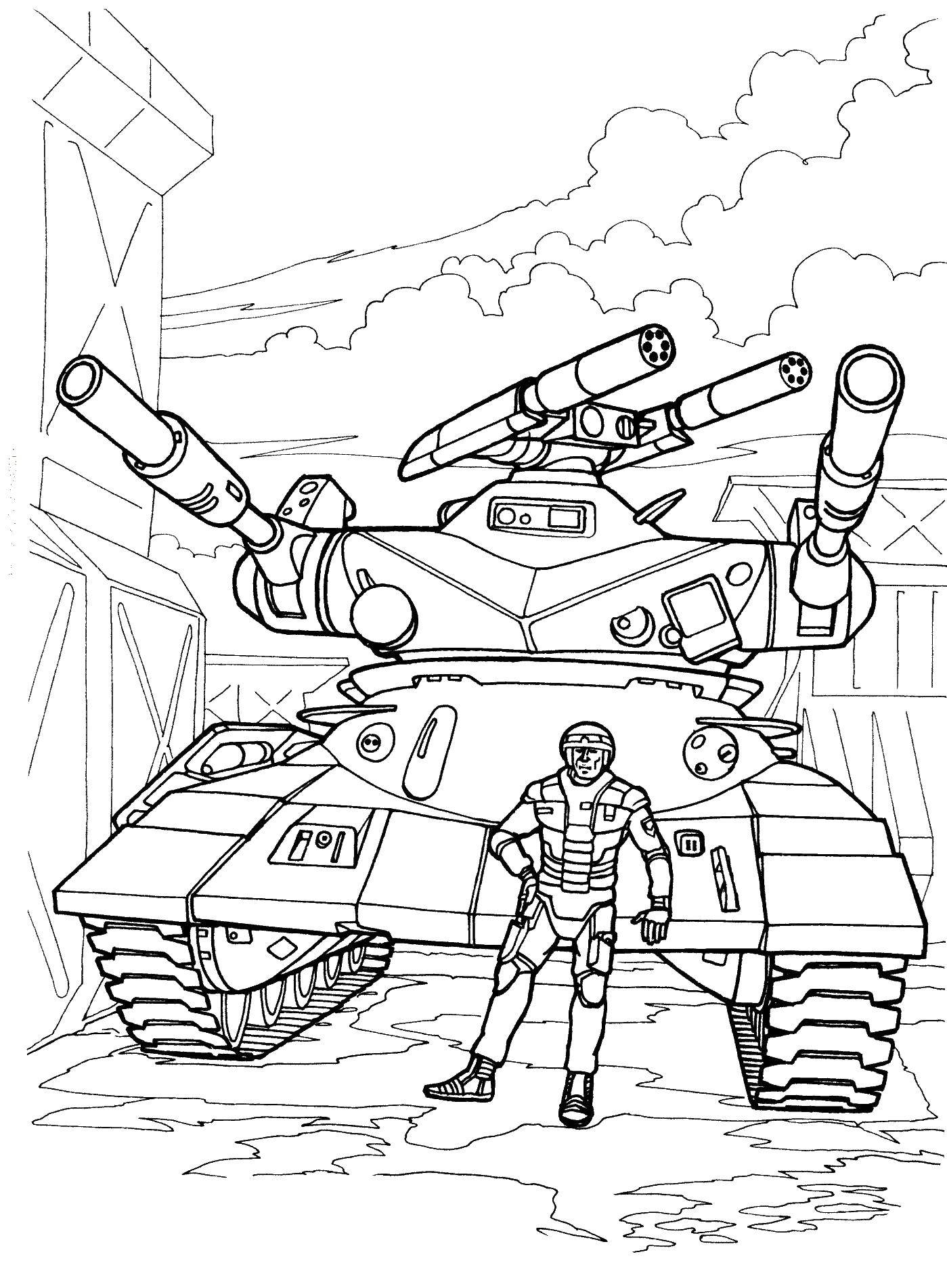 Название: Раскраска Солдат у танка. Категория: военное. Теги: солдат, танк, военное.