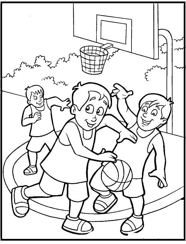 Название: Раскраска Баскетболисты на площадке. Категория: баскетбол. Теги: Спорт, баскетбол, мяч, игра.