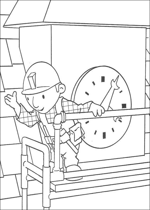 Название: Раскраска Боб у часов. Категория: боб строитель. Теги: Строитель, инструменты, стройка.