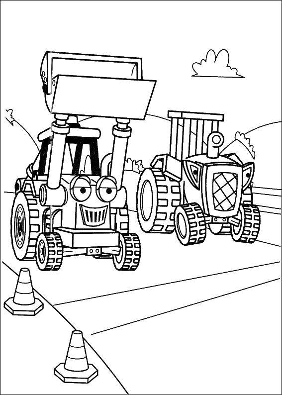 Название: Раскраска Бульдозер и трактор на стройке. Категория: боб строитель. Теги: Строитель, инструменты, стройка.