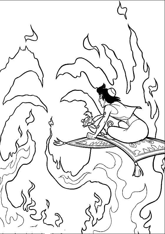 Название: Раскраска Алладин летит в огонь. Категория: Огонь. Теги: Пожар, огонь.