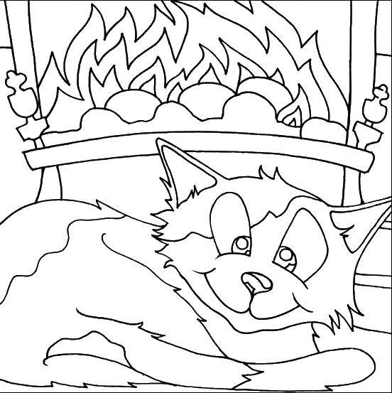 Coloring Cat by the fireplace. Category Fire. Tags:  Fire, fire.