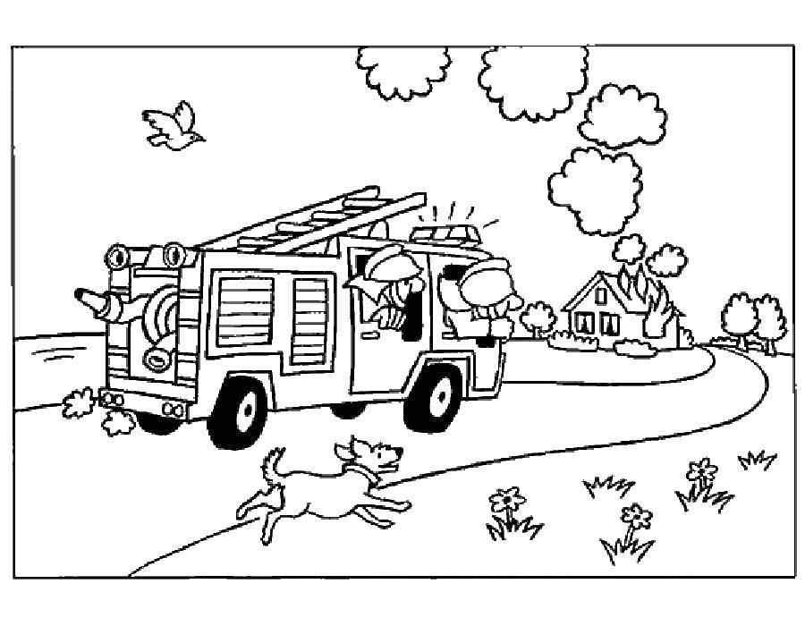 Название: Раскраска Пожарники спешат на помощь. Категория: пожарная машина. Теги: Транспорт, машина.
