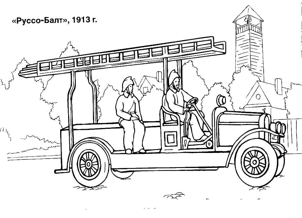 Название: Раскраска Пожарные 1913 года. Категория: пожарная машина. Теги: Транспорт, машина.
