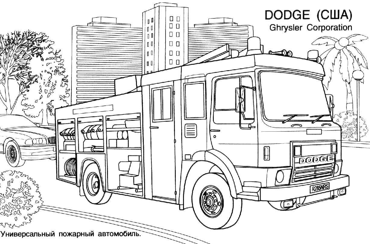 Coloring Universal fire car. Category fire truck. Tags:  Transport, car.