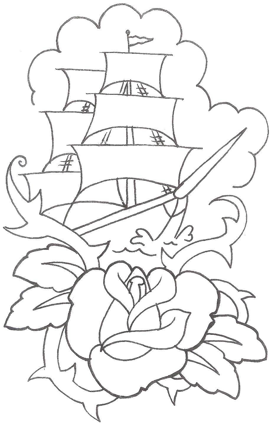 Название: Раскраска Корабль и роза. Категория: морское. Теги: Корабль, вода.