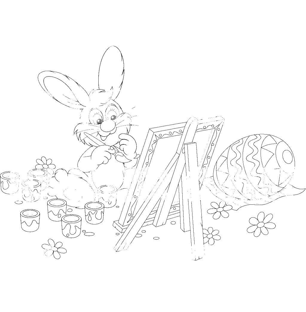 Название: Раскраска Пасхальный кролик рисует. Категория: пасхальный кролик. Теги: пасха, яйца, кролик.