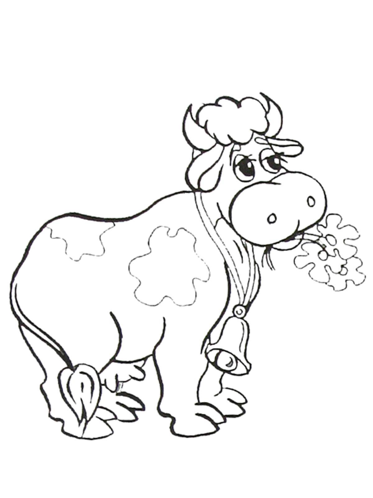 Название: Раскраска Коровка с колокольчиком жуёт цветочки. Категория: домашние животные. Теги: Животные, корова.
