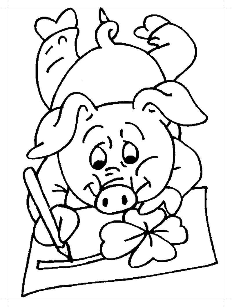Название: Раскраска Свинка рисует цветочек. Категория: домашние животные. Теги: Животные, свинка.