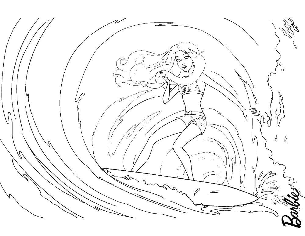 Название: Раскраска Барби занимается сёрфингом. Категория: барби. Теги: девочка, кукла, барби, вода, сёрфинг.