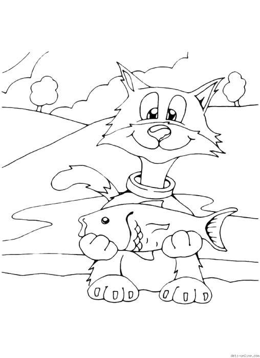 Название: Раскраска Кот поймал рыбку. Категория: домашние животные. Теги: Животные, котёнок.