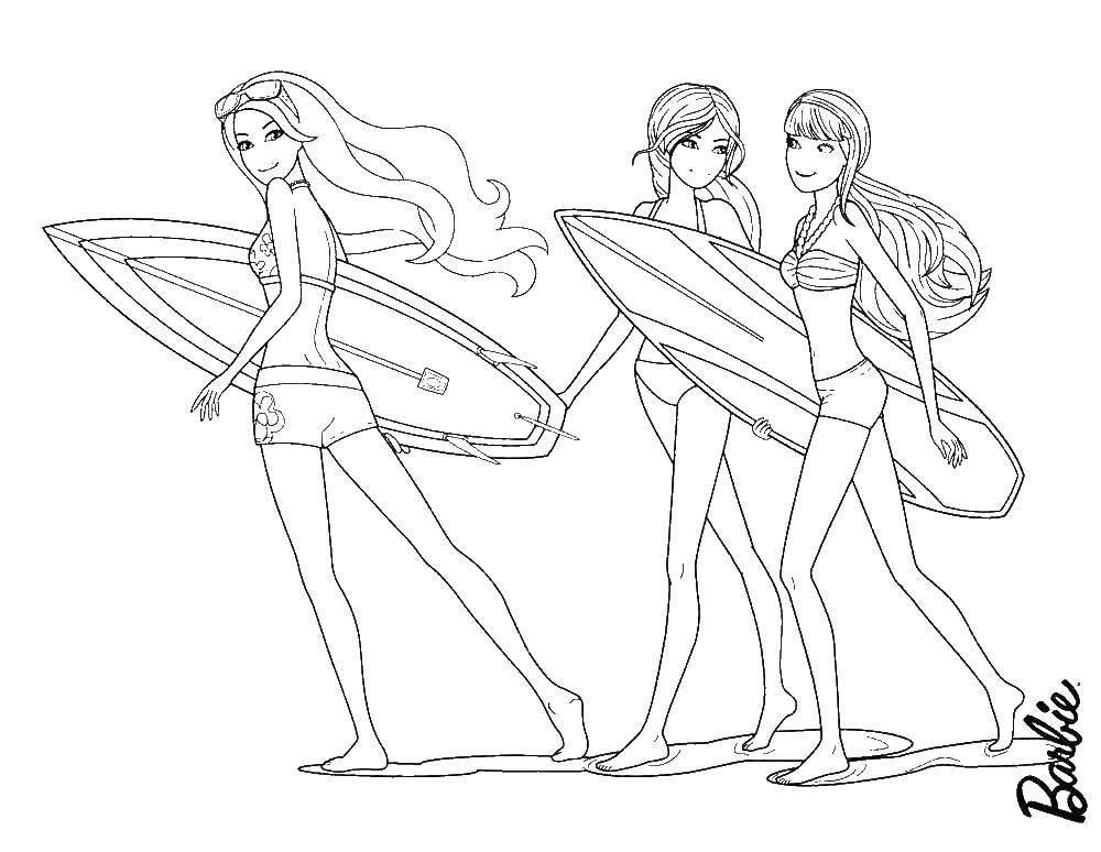 Название: Раскраска Три барби на пляже. Категория: барби. Теги: девочка, кукла, барби, пляж, сёрфинг.