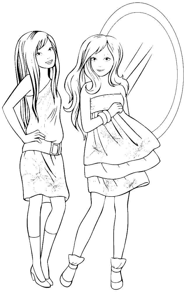 Coloring Two beautiful girlfriends. Category coloring pages for girls. Tags:  girls, girls, dolls, Barbie.
