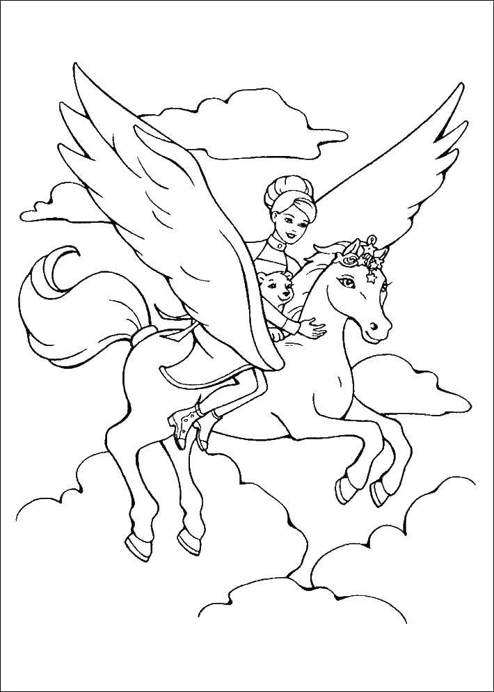 Название: Раскраска Принцесса-барби на летающем пони. Категория: барби. Теги: барби, девочка. кукла, принцесса, пони.