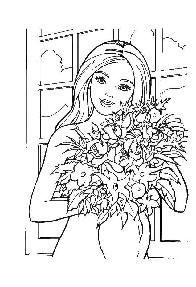 Coloring Barbie with vases of flowers. Category Barbie . Tags:  Barbie .