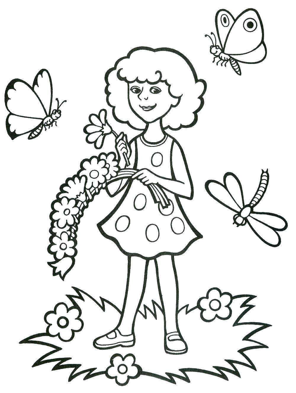 Название: Раскраска Девочка плетет венок. Категория: Лето. Теги: лето, девочка, цветы, бабочки.