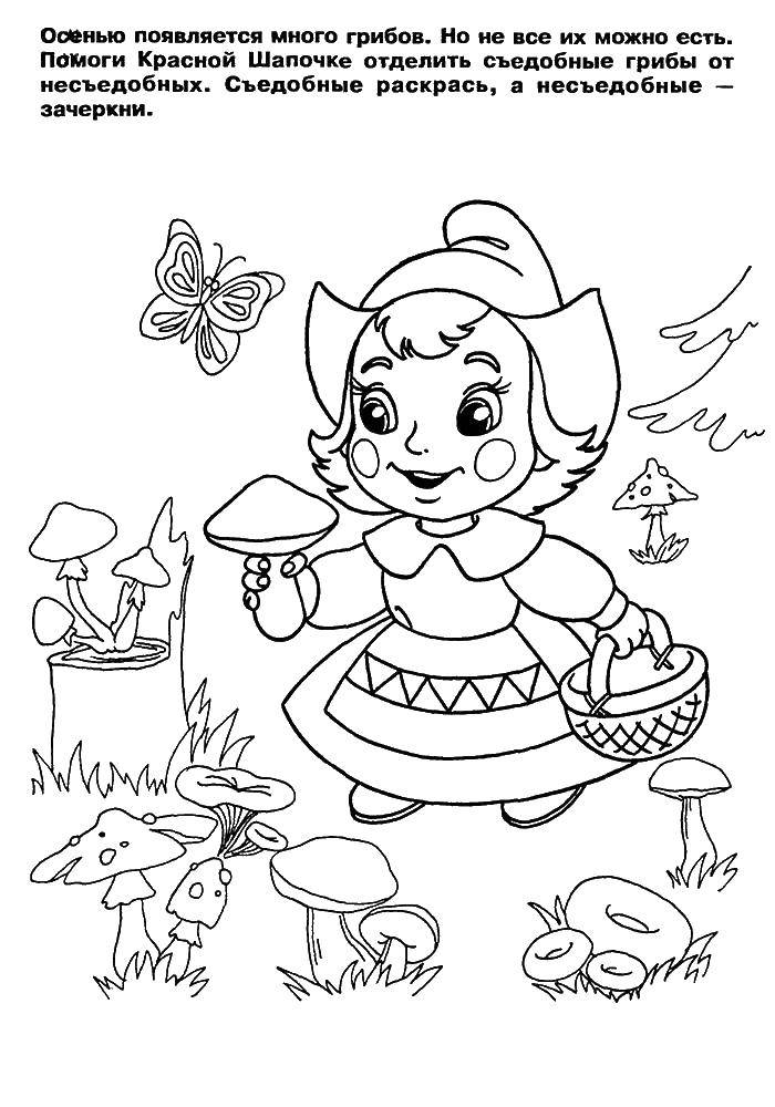 Название: Раскраска Девочка пошла по грибы. Категория: осень. Теги: осень, грибы, девочка.