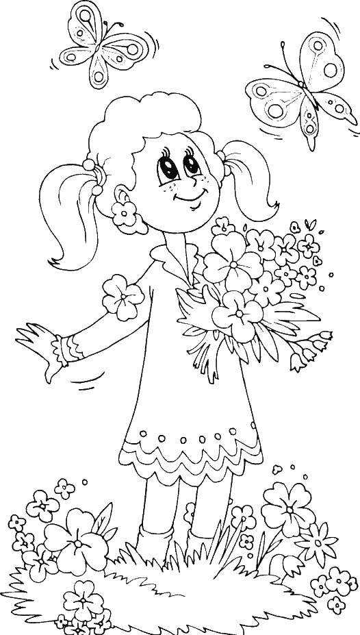Название: Раскраска Девочка с букетом. Категория: Лето. Теги: девочка, лето, цветы, бабочки.