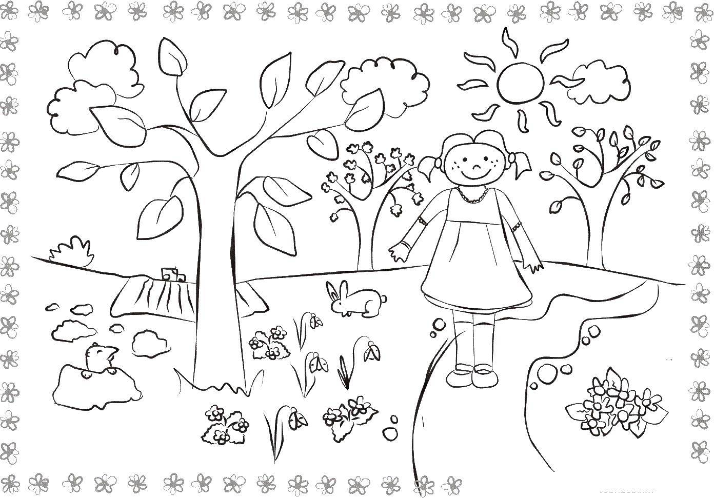 Название: Раскраска Девочка в лесу. Категория: Природа. Теги: природа, лес, девочка, растения.