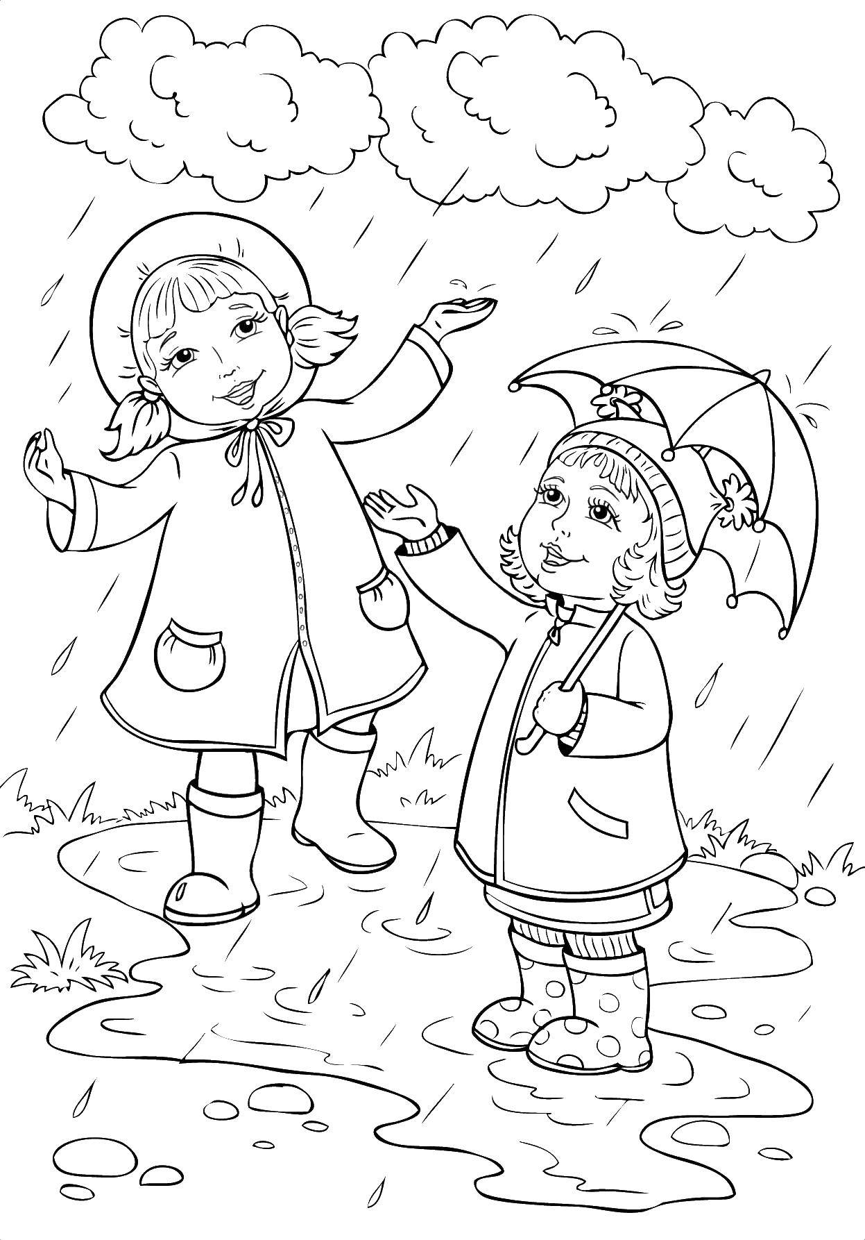 Coloring Girls in the rain. Category autumn. Tags:  fall, rain, girls.