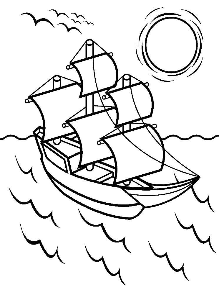 Название: Раскраска Корабль плывёт по волнам. Категория: корабли. Теги: Корабль, вода.
