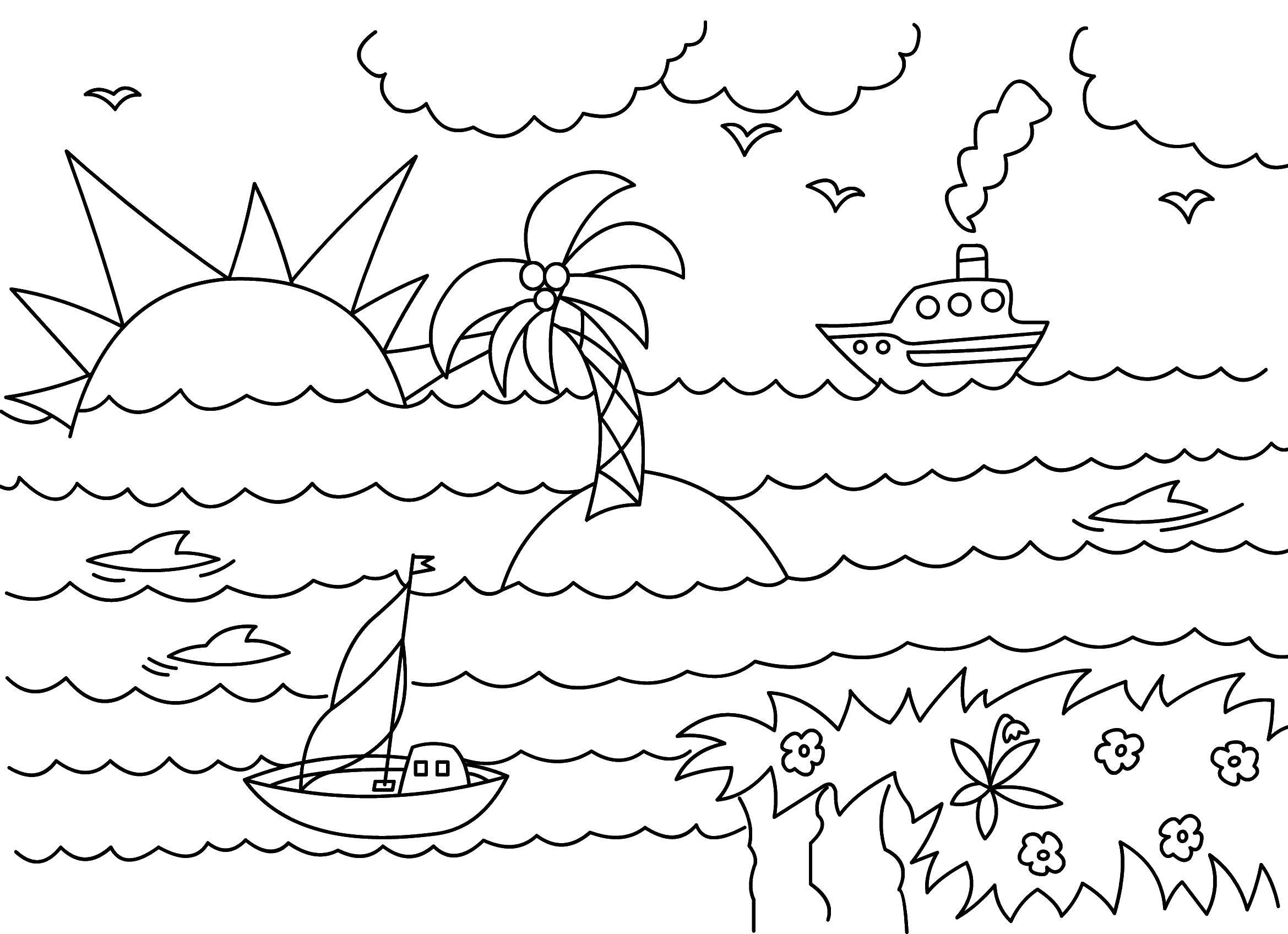 Coloring Ships at sea. Category the sea. Tags:  the sea, ships, island.