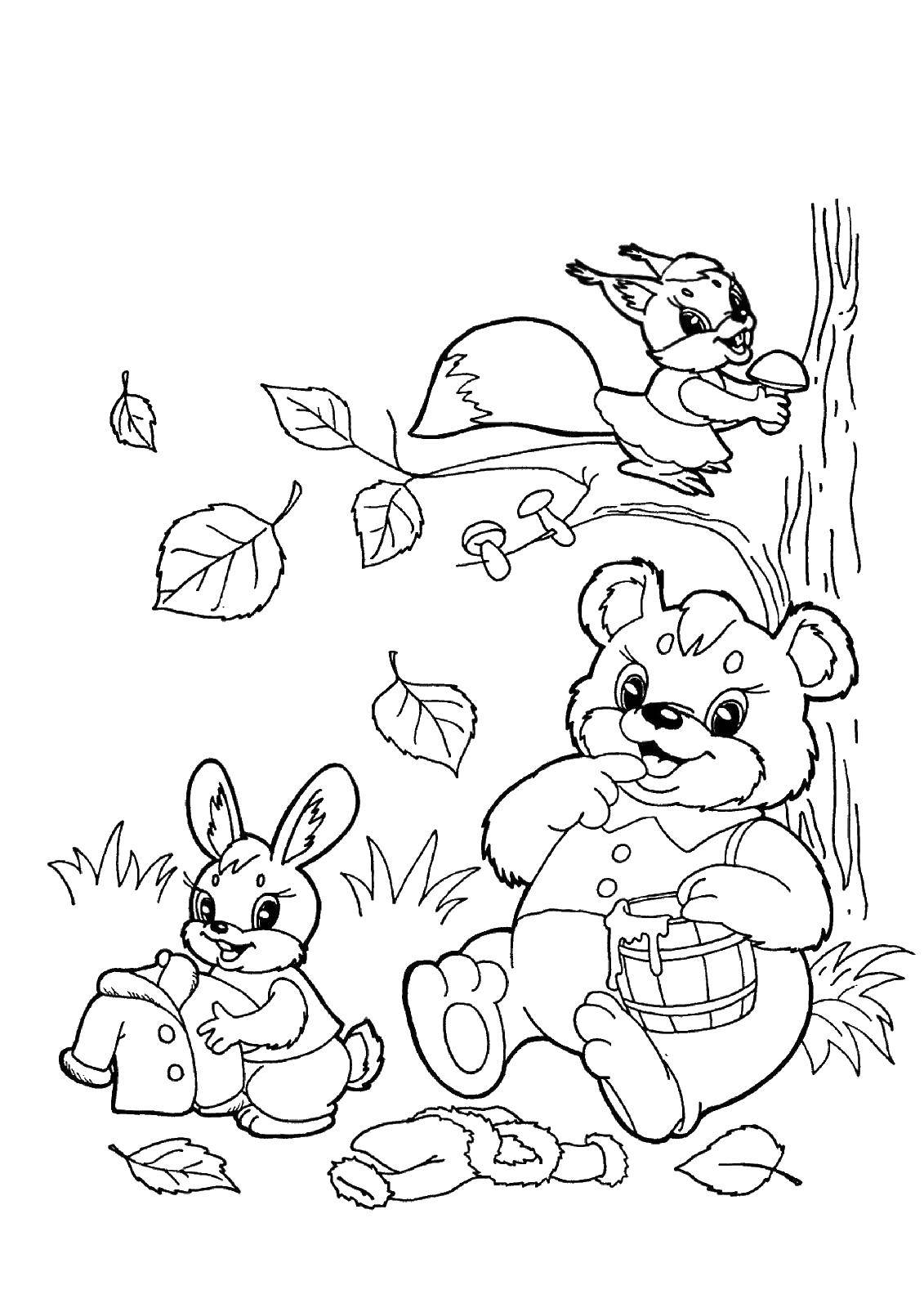 Coloring Bear, two squirrels. Category Animals. Tags:  animals, squirrels, bear.