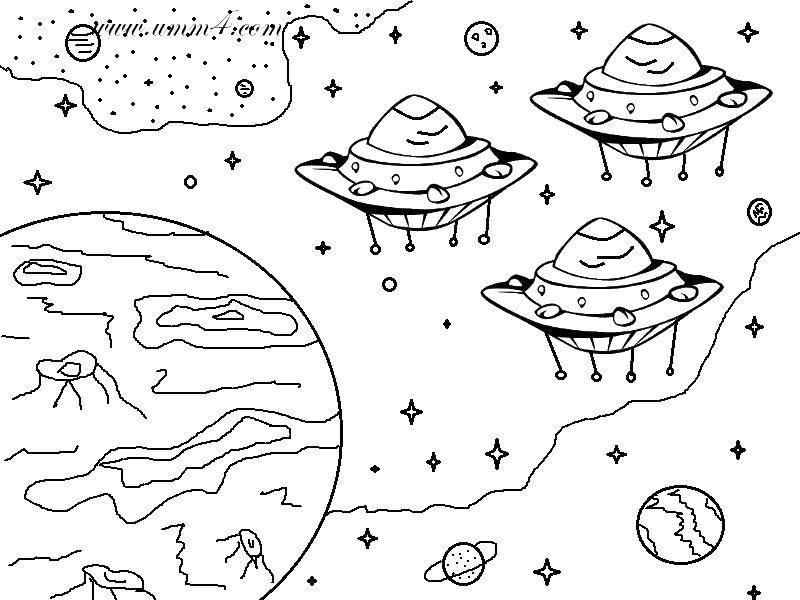 Coloring Flying saucers headed for earth.. Category space. Tags:  Space, rocket, stars.