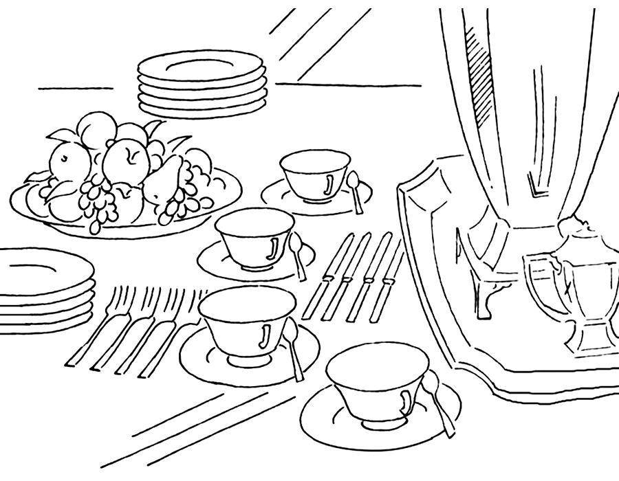 Название: Раскраска Накрытый стол. Категория: посуда. Теги: Посуда, столовые приборы.