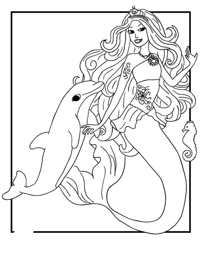 Розмальовки  Барбі русалка з дельфіном і морським коником. Завантажити розмальовку Барбі, русалка, підводний світ, дельфін, морський коник.  Роздрукувати ,барбі,