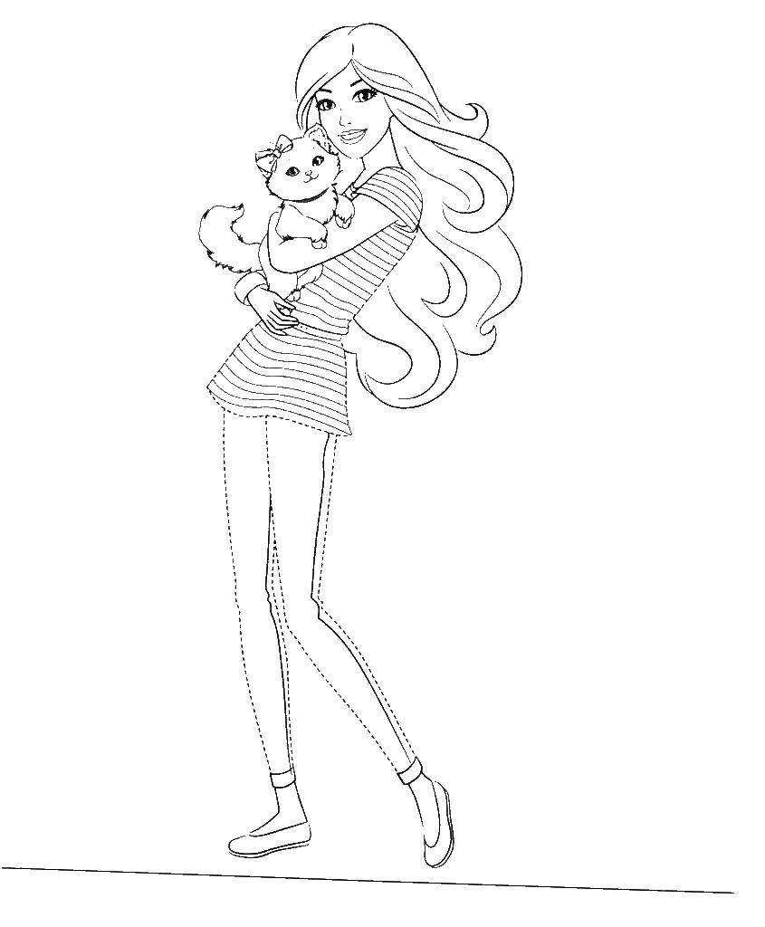 Название: Раскраска Девочка-барби с кошечкой. Категория: барби. Теги: девочка, кукла, барби, кошка.