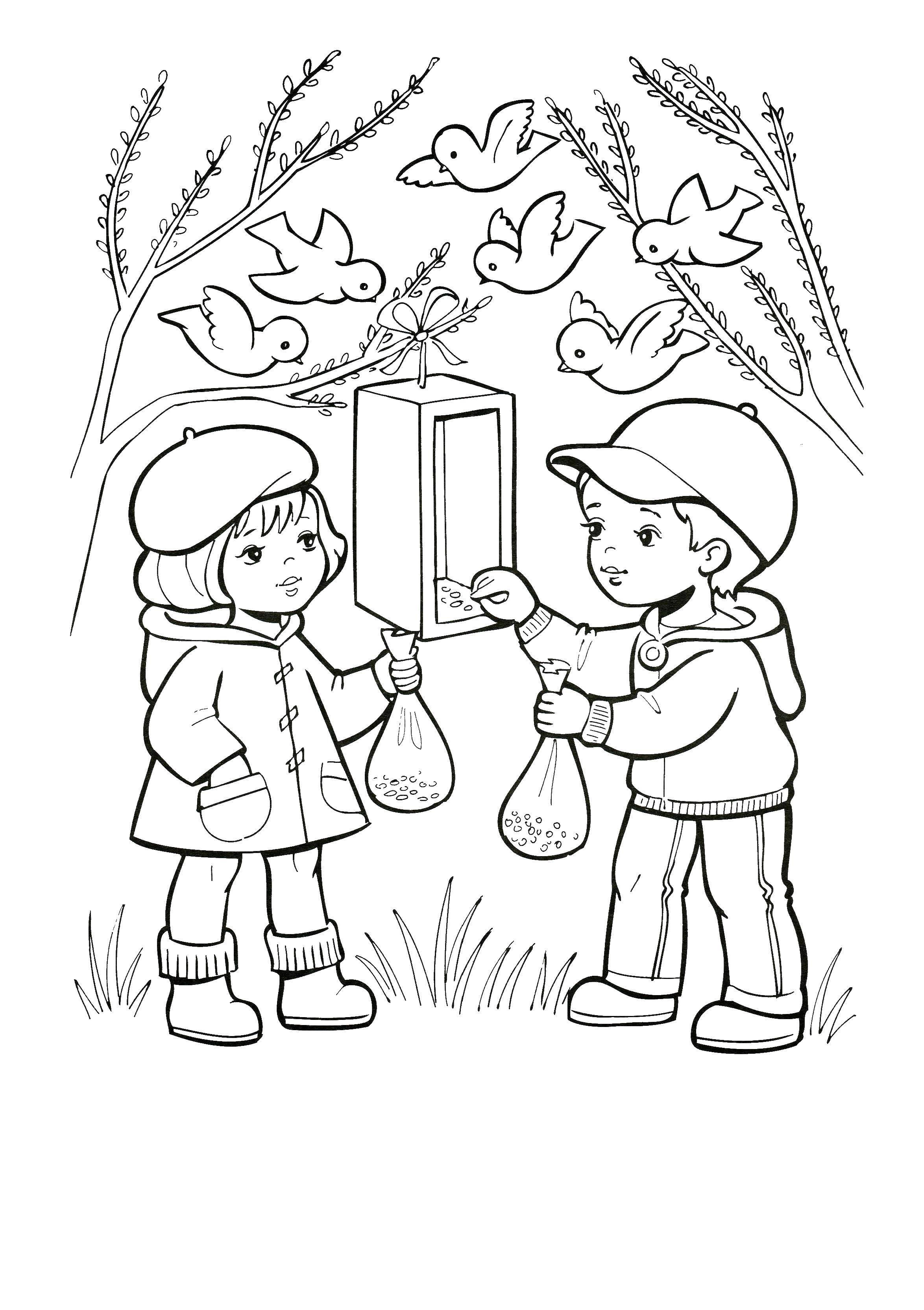 Coloring Children feed the birds in the forest. Category the forest. Tags:  Children, birds, boy and girl, forest.