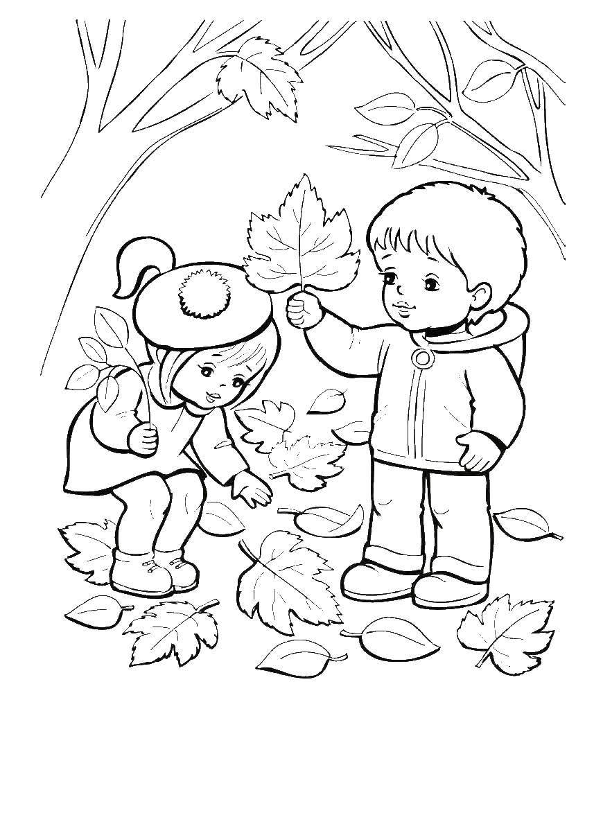Название: Раскраска Мальчик и девочка собирают листья в лесу. Категория: лес. Теги: Дети, мальчик и девочка, осень, листья, лес.