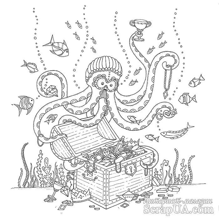 Coloring Octopus and chest with treasures. Category coloring antistress. Tags:  Bathroom with shower.