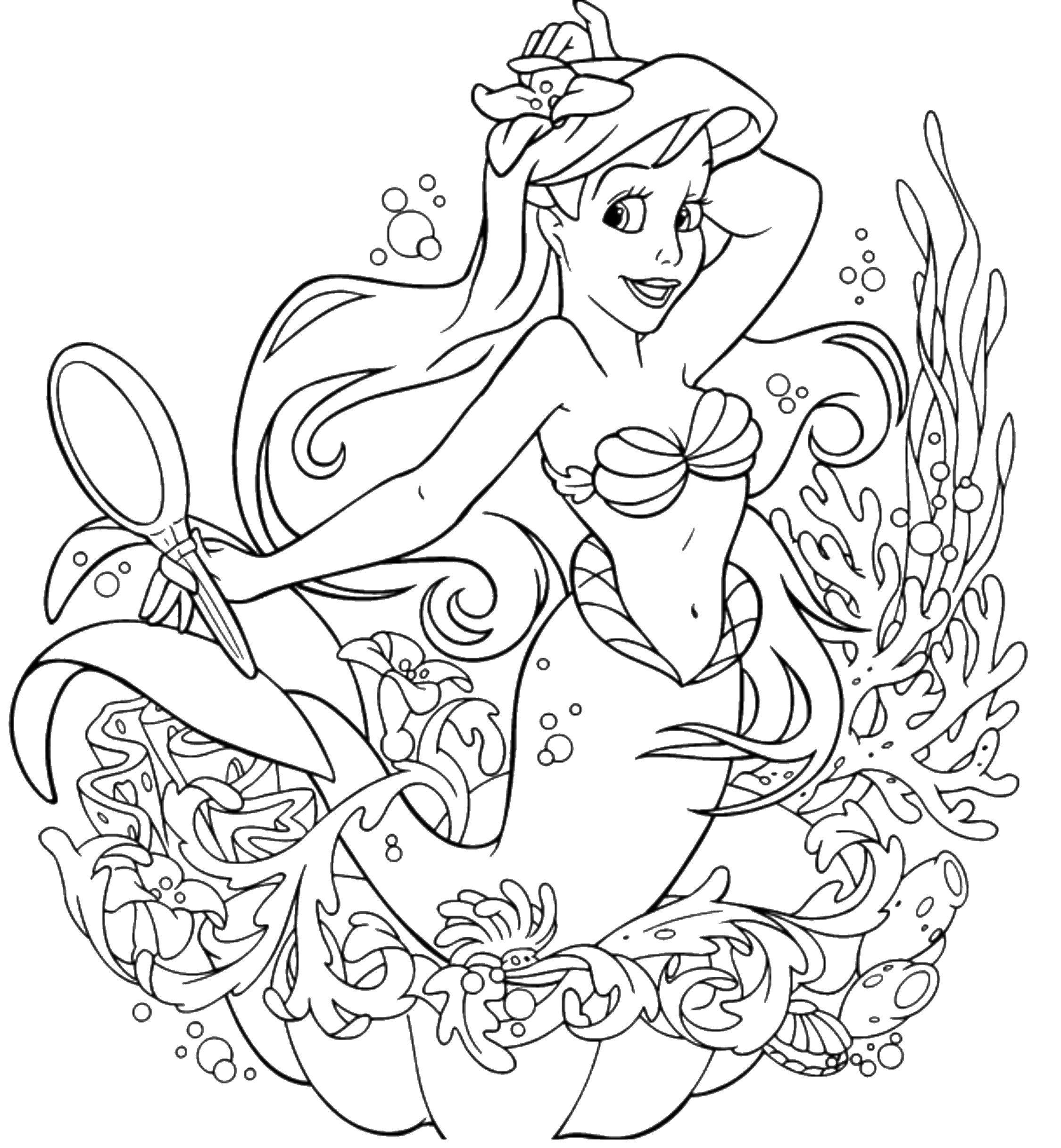Coloring Ariel preening before the mirror.. Category Princess. Tags:  Disney, the little mermaid, Ariel.