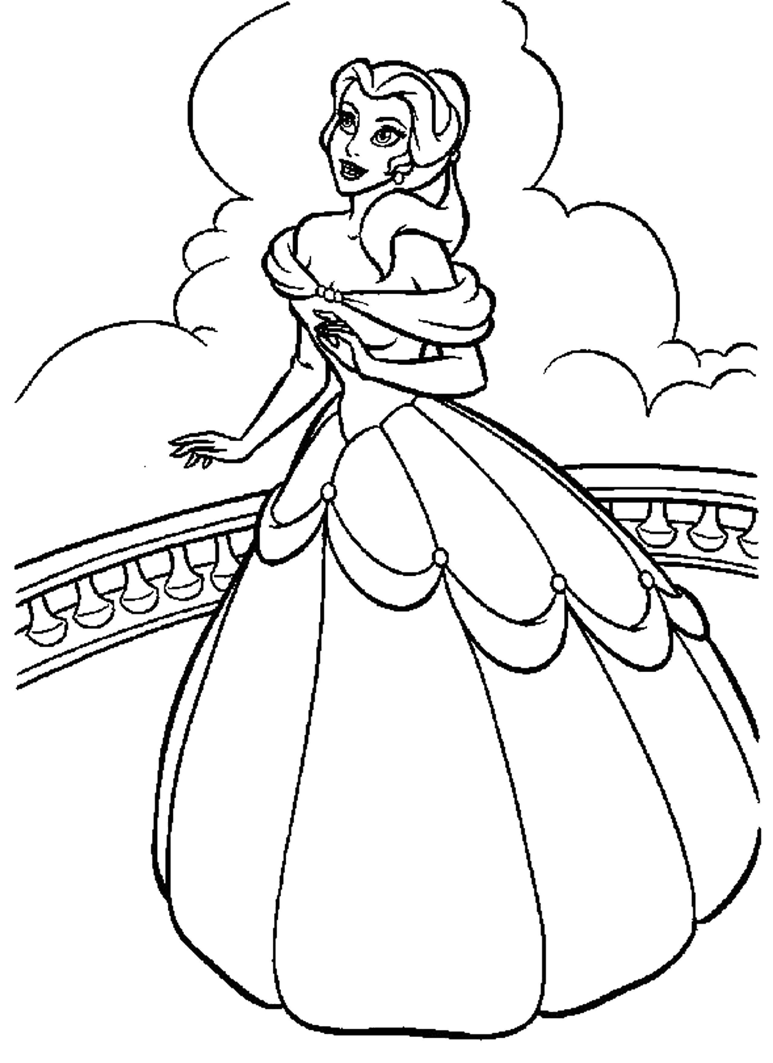 Название: Раскраска Бэлль на терассе. Категория: Принцессы. Теги: Красавица и Чудовище, Дисней.