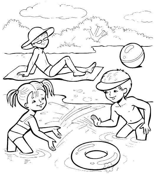 Coloring The beach near the lake, children play, sunbathe. Category Nature. Tags:  nature, leisure, children, games.