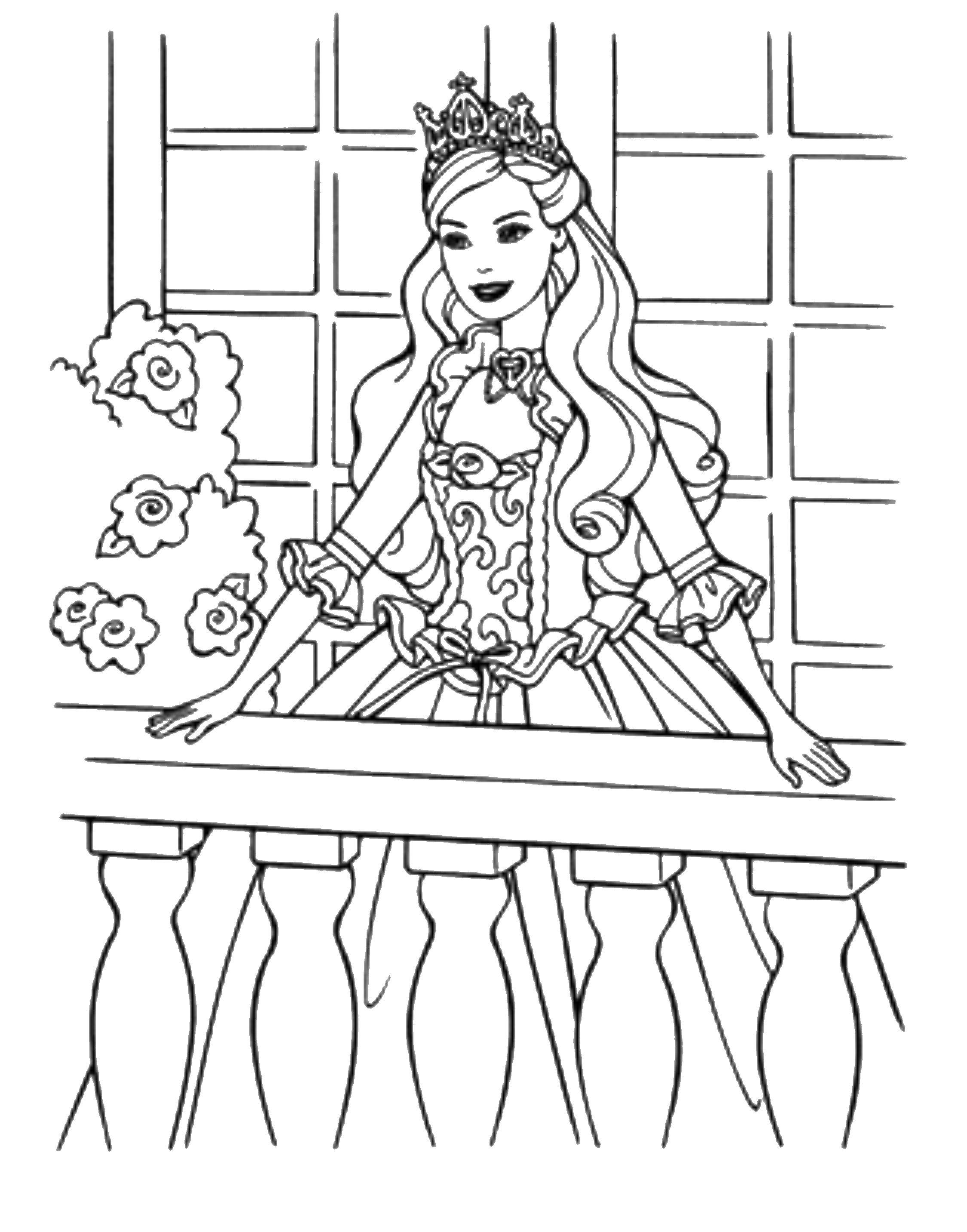 Название: Раскраска Принцесса на балконе. Категория: Принцессы. Теги: Принцесса, платье.